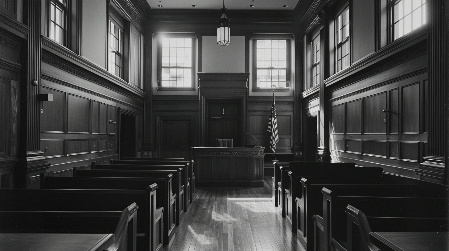 Interior of an empty courtroom — judge's bench dominant, gallery pews to either side, institutional and spare