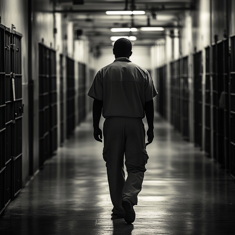 A man in prison clothing walks down a long corridor — black and white