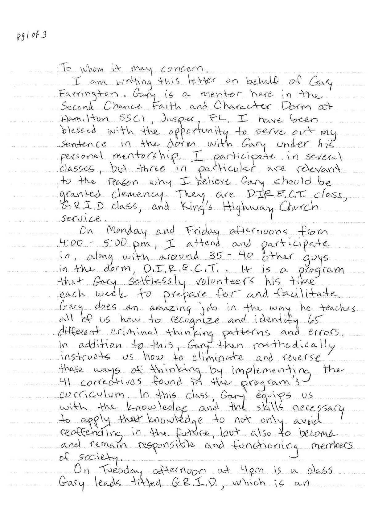 Handwritten letter of support from K.H., page 1 of 3