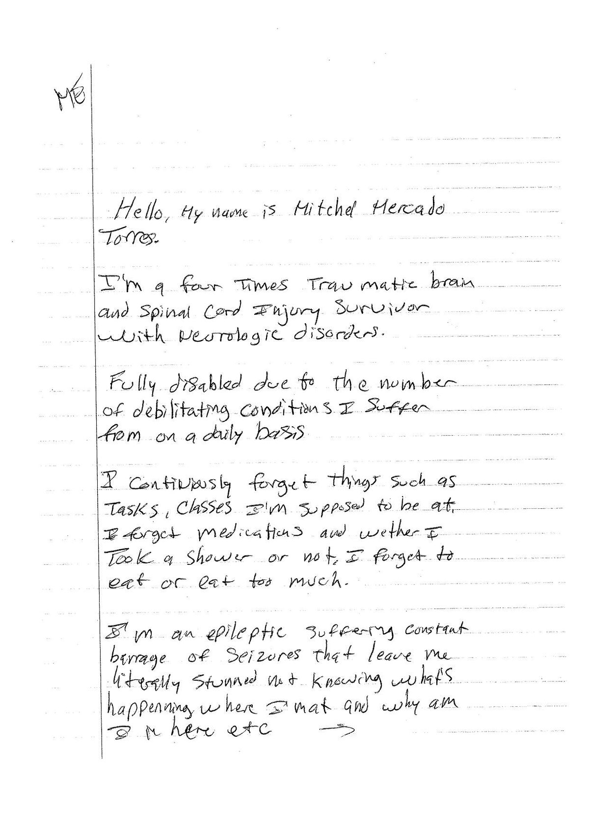 Handwritten letter of support from M.M.T., page 1