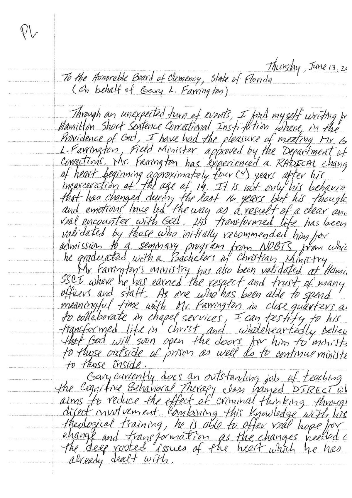 Handwritten letter of support from N.M.P., page 1